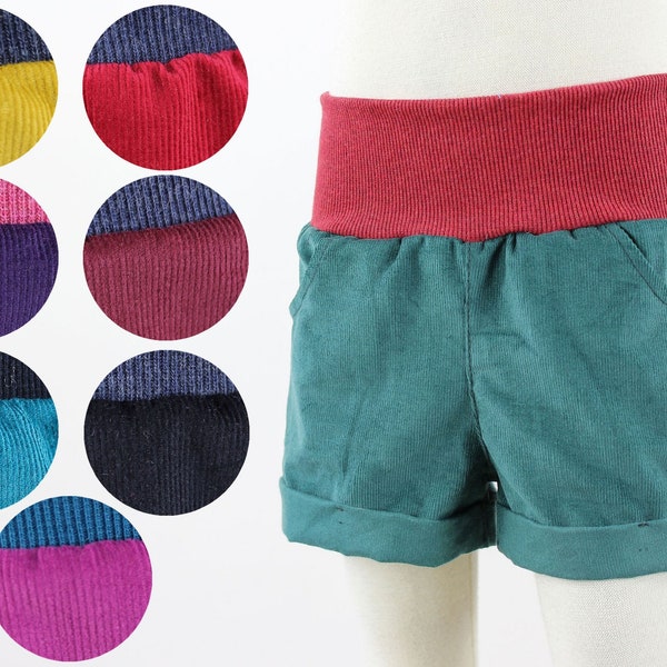 Pantalon court enfant en velours côtelé léger avec poches, vert émeraude, jaune, rouge, violet, bordeaux, pétrole, rose marine