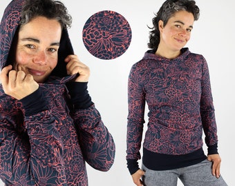 Jersey de verano para mujer, estampado floral azul naranja, corte ceñido al cuerpo, con capucha, sudadera con capucha para mujer confeccionada en jersey ecológico ligero