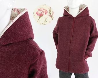 Children's wool jacket, berry mottled with flowers, made from organic boiled wool, grows with the child for a long time