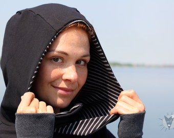 Frauen-Kapuzenpulli, vorteilhaft körperbetont, mit Taschen, aus Öko-Sweat, kuscheliger Damen-Hoodie, S-XL, schwarz, schwarz-grau gestreift
