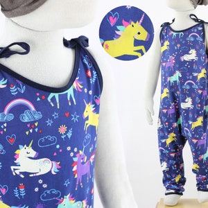 SALE 86/92 sleeveless jumpsuit with tie, unicorns on blue, children&#39;s dungarees made of eco-jersey