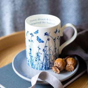 Large fine bone china blue butterfly meadow mug, 350ml bone china mug, 20th wedding anniversary gift, fine china Wedding gift, china mugs