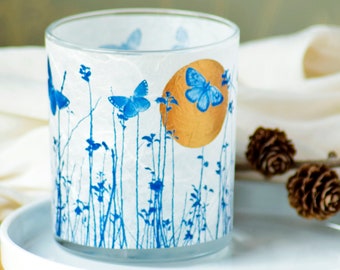 Butterfly meadow Cyanotype tealight holder with Gold detail, gift for her, anniversary gift, Mother’s Day gift, Gifts for Mum, Birthday gift