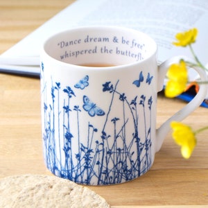 Fine bone china mug Blue Butterfly Meadow, blue and white china, anniversary gift, birthday gift, Mothers Day gift, Friends and family gift image 4