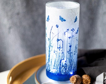 Butterfly Meadow Cyanotype Vase, Large Blue and White Cylinder Vase, 80th birthday gift, housewarming gift, Mothers day gift