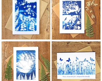 Pack of 4 card designs from Cyanotype images, art cards, greetings cards, Mothers Day cards