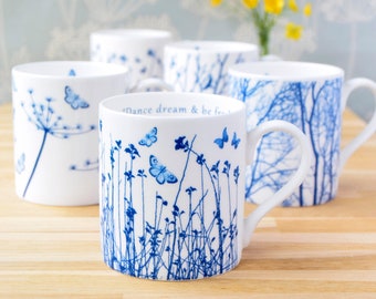 Set of 3 Fine bone China Mugs Offer, Blue and White china, Anniversary gift, 30th birthday gift, Wife’s birthday present, Mother’s Day gift