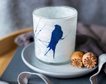 Swallow Cyanotype candle holder, gift for bird lover, 70th birthday gift, Gifts for husband, Mother’s Day gift, gift for Mum, birthday gift