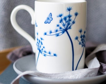 Large Fine bone china mug Cow Parsley & butterflies, gifts for Grandma, China Anniversary gift, Mother’s Day gift, 350ml mug, Mugs