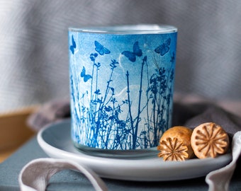 Bougeoir cyanotype prairie aux papillons bleus, cadeau pour un ami, cadeaux pour les amateurs de papillons, cadeau pour maman, cadeau de fête des mères, cadeau d'anniversaire