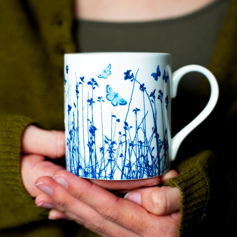 Fine bone china mug Blue Butterfly Meadow, blue and white china, anniversary gift, birthday gift, Mothers Day gift, Friends and family gift image 1