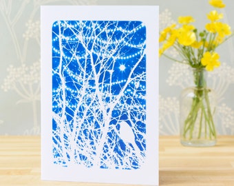 Bird in branches with twinkly lights card from Cyanotype image, birthday card, Fathers Day card