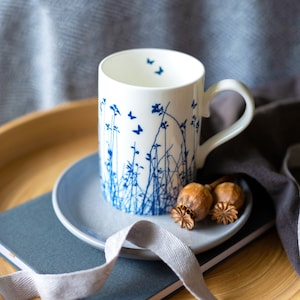 Large fine bone china butterfly mug, blue butterfly silhouettes over meadow, 20th Wedding anniversary china gift, white fine bone china mug