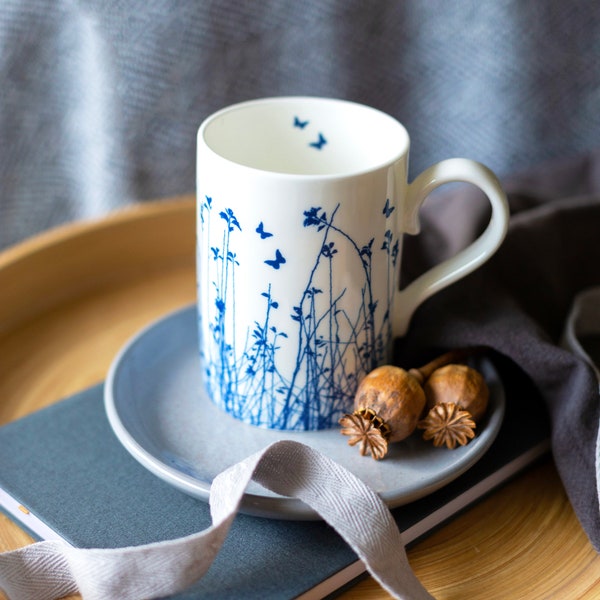 Large Fine china butterfly mug, blue butterflies silhouetted over meadow, 20th wedding anniversary gift, Mother’s Day gift, Mugs