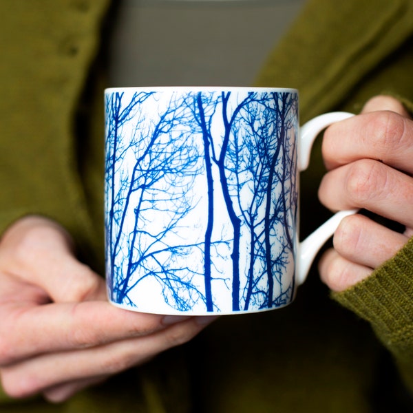 Fine bone china Branch mug, blue and white china, 270ml china mug, gift for tree lovers, gift for boyfriend, Mothers day gift, Easter gift