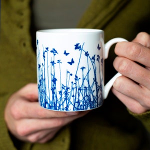 Fine bone china mug, tiny blue butterflies silhouetted over meadow, 270ml bone china mug, 20th anniversary gift, china cup set, small gifts