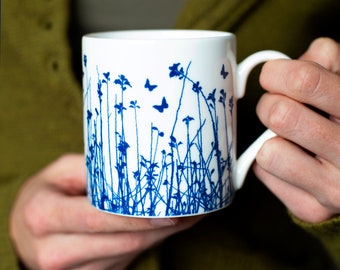 Fine bone china mug, tiny blue butterflies silhouetted over meadow, 9.5oz bone china mug, Mother’s Day gift, Birthday gift, Mugs