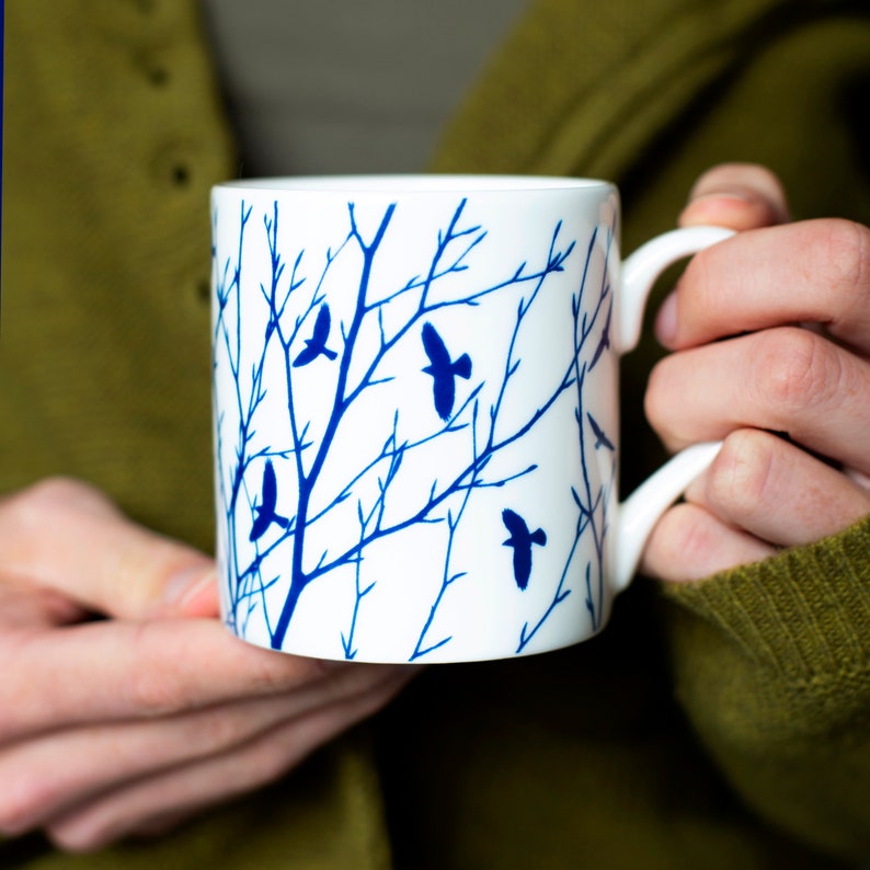 Set of 3 Fine bone China Mugs Offer, Blue and White china, Anniversary gift, 30th birthday gift, Wifes birthday present, Mothers Day gift Flock of birds