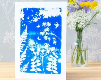 Cyanotype Art Card, Blue and White, 'Folkloric fairytale', blank inside