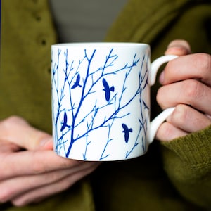 Fine bone china mug, Flock of birds and branch, blue and white fine bone china mug, bone china gift for men, china wedding anniversary gift