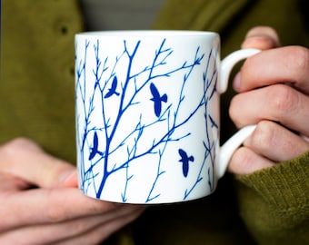 Fine bone china mug, Flock of birds and branches, blue and white fine china, gift for husband, gift for tree lovers, Mother’s Day gift, Mugs