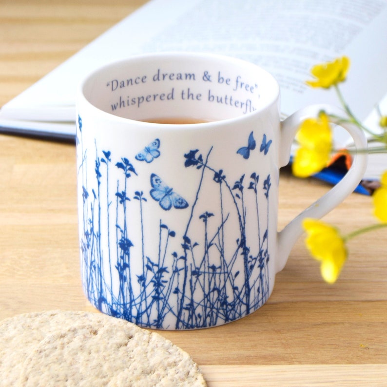 Fine bone china mug Blue Butterfly Meadow, blue and white china, anniversary gift, birthday gift, Mothers Day gift, Friends and family gift image 4