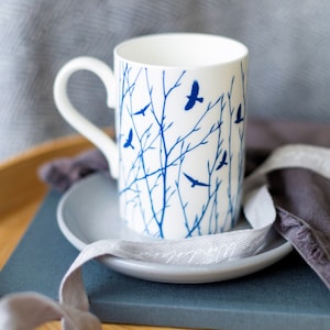 Fine Bone China Mug: Blue Bird & Branch Design, Hand Decorated