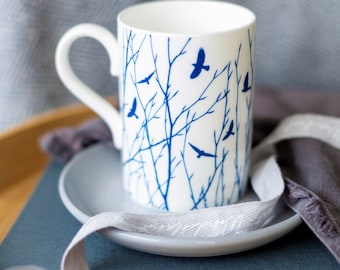 Large Fine china mug Flock of birds and branches, gift for coffee lover, 20th wedding anniversary gift, Mother’s Day gift, Birthday gift