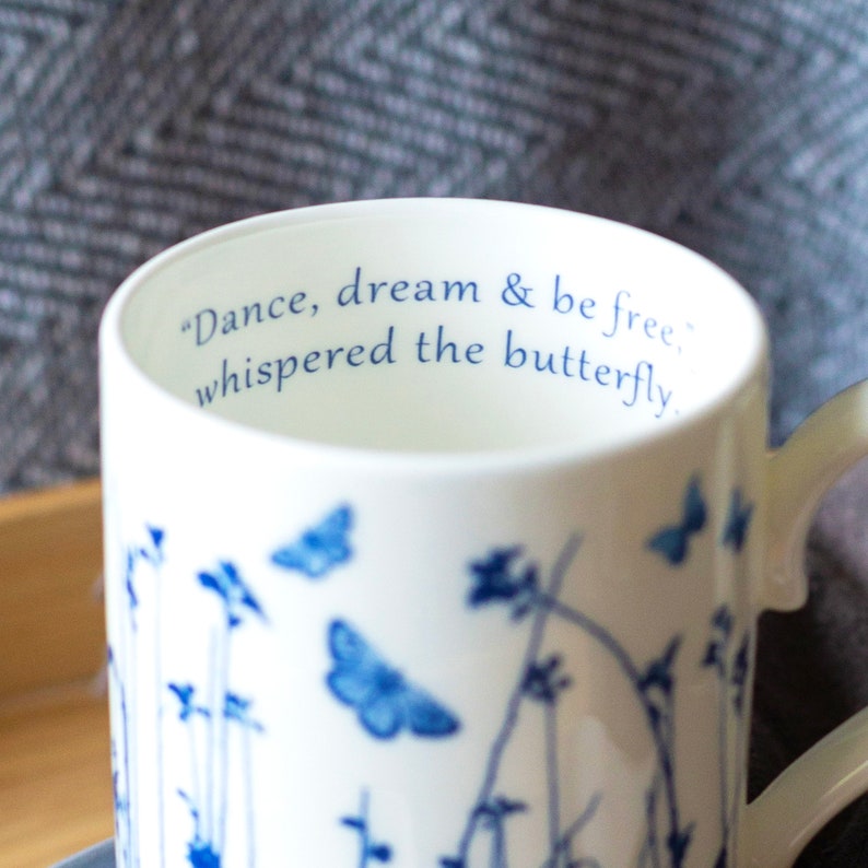 Fine bone china mug Blue Butterfly Meadow, blue and white china, anniversary gift, birthday gift, Mothers Day gift, Friends and family gift image 2