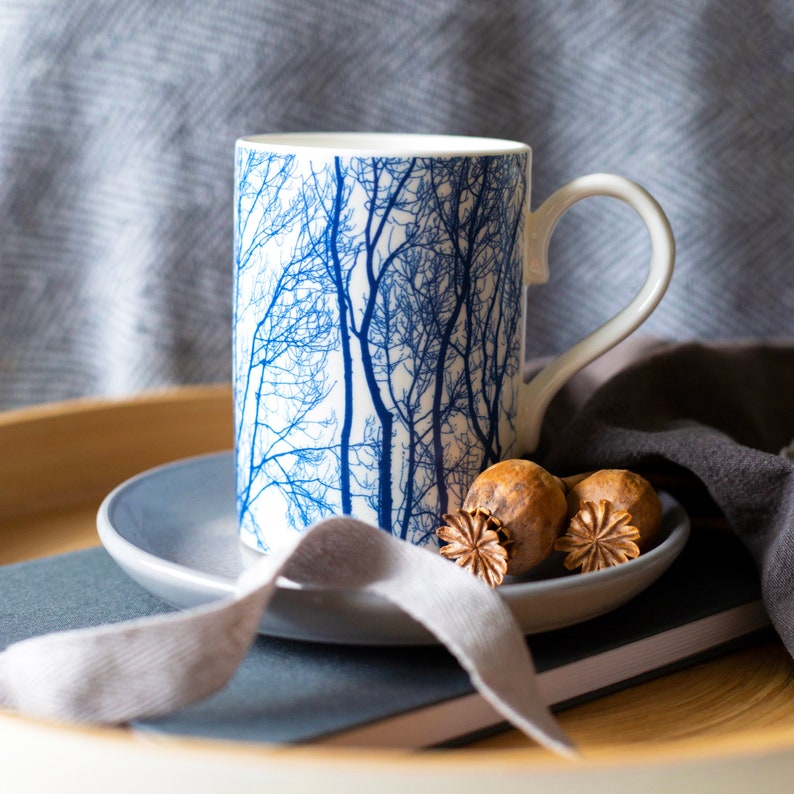 Set of 3 large Fine China Mugs Offer, Blue and White china, 70th birthday gift, gift for tree lover, 350ml bone china, Mothers Day gift Branch