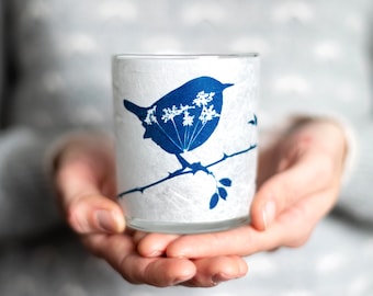 Bougeoir troglodyte, art cyanotype, cadeau pour amateur d'oiseaux, cadeau pour enseignant, cadeaux pour amateurs d'oiseaux, cadeau Jenny troglodyte, cadeau fait main pour enseignant