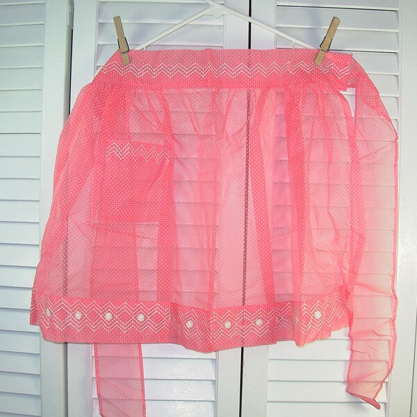 Vintage POLKA DOT Half APRON, Retro Sheer Organza, Pink and White Flocked