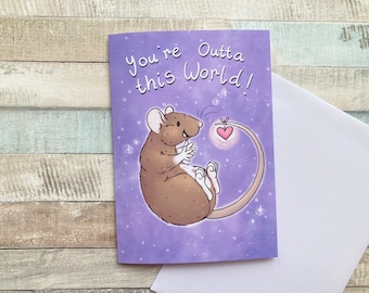 You're outta this world pet rat Valentine's Day card, A6 love card, white envelope, watercolour, galaxy design, fun fancy rat card