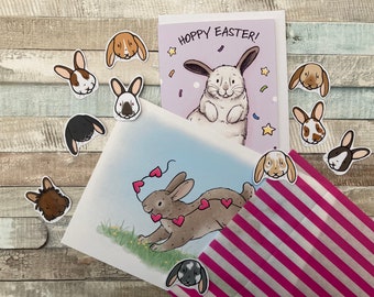 Paquete de regalo de Pascua de Hoppy / Tarjeta de felicitación de Conejo de Pascua / Impresión de arte de Conejito A5 / Pegatinas de caras de conejo