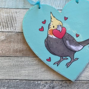 Cockatiel love hearts Cute 10cm Wooden Heart Ornament Cockatiel Valentines Day Gift image 3