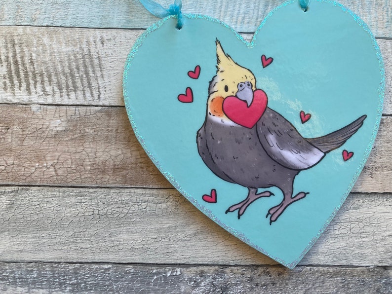 Cockatiel love hearts Cute 10cm Wooden Heart Ornament Cockatiel Valentines Day Gift image 3