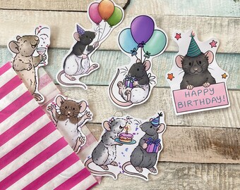 Birthday Rat Stickers | Set of 6 Birthday Rat Stickers | Cute Celebration Pet Rat Glossy Stickers