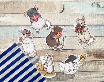 Summer Rat Stickers | Pack of 6 Rat Stickers | Cute Playful Rat glossy stickers