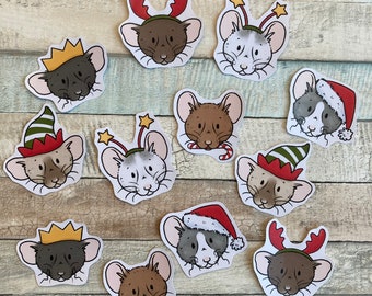 Travesuras festivas / Paquete de 12 lindas pegatinas de ratas / Pegatinas brillantes de ratas mascota navideñas