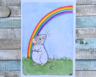 Hope Pet Rat Art Print, A5 Size Art Print With A Cute Capped Rat And Rainbow, Rat Lover Gift