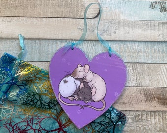 Ratty Snuggles | Cute Rat 10cm Hanging Heart Decoration | Rat Valentines Day Gift