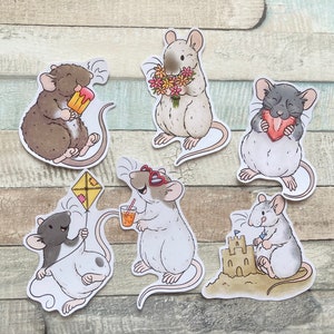Summer Rat Stickers Pack of 6 Rat Stickers Cute Playful Rat glossy stickers image 1
