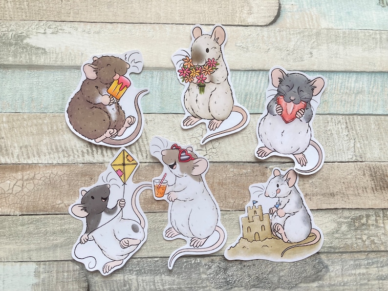 Summer Rat Stickers Pack of 6 Rat Stickers Cute Playful Rat glossy stickers image 1