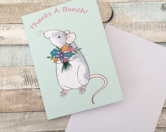 Thanks A Bunch Roan Rat A6 Greeting card, Rat Holding Flowers, Gift For Rat Lovers, Thank You Card