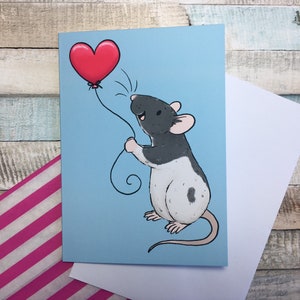 Heart Balloon Rat A6 Greeting Card Cute Fancy Rat Blank Greeting Card Hooded Rat Love Card Cute Ratty Valentine image 1