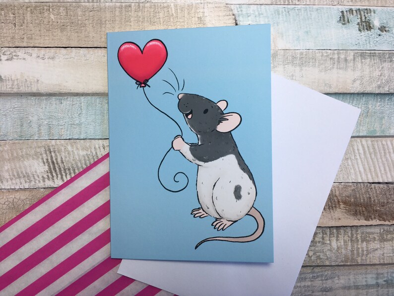 Heart Balloon Rat A6 Greeting Card Cute Fancy Rat Blank Greeting Card Hooded Rat Love Card Cute Ratty Valentine image 1