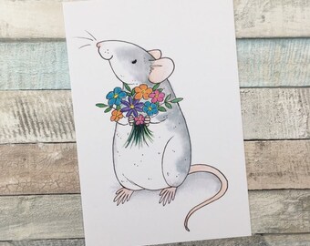 Roan Rat With Flowers Art Print, Cute Pet Rat Wall Art, Rat Lover Gift