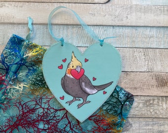 Cockatiel love hearts | Cute 10cm Wooden Heart Ornament | Cockatiel Valentines Day Gift