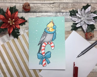 Candy Cane Cockatiel | A6 Christmas Card | Blank A6 Cockatiel Greeting Card