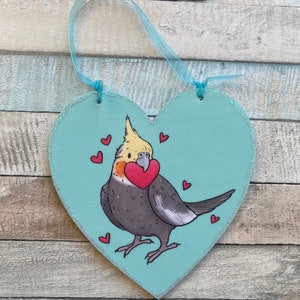 Cockatiel love hearts Cute 10cm Wooden Heart Ornament Cockatiel Valentines Day Gift image 5